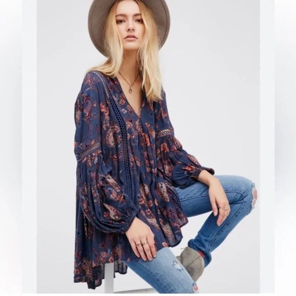 Free People Just the Two of Us Paisley Tunic Mini Boho Peasant Small Navy Blue - Picture 8 of 8